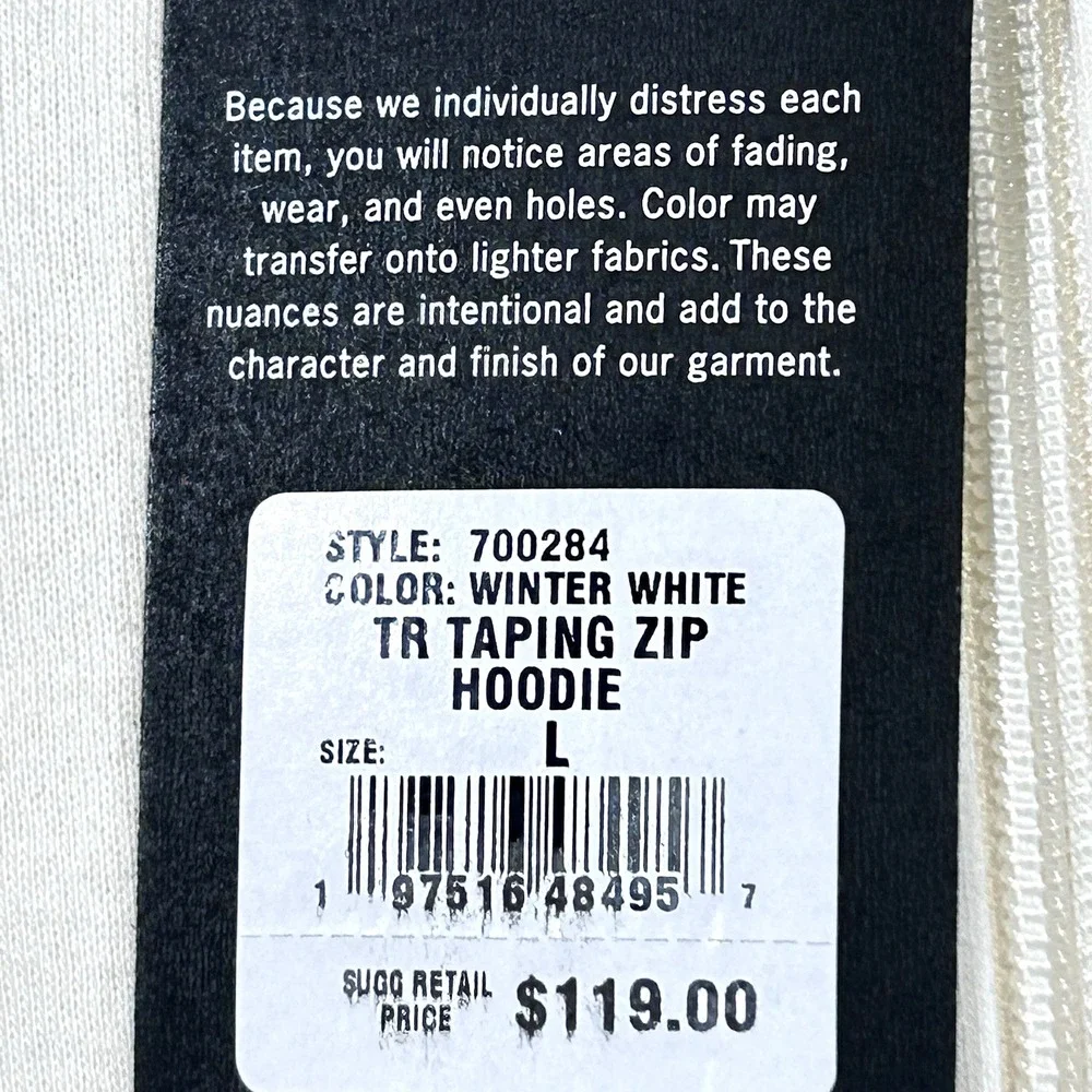 True Religion Mens Full Zip Hoodie Size L Winter White Branded Tape Across Back
